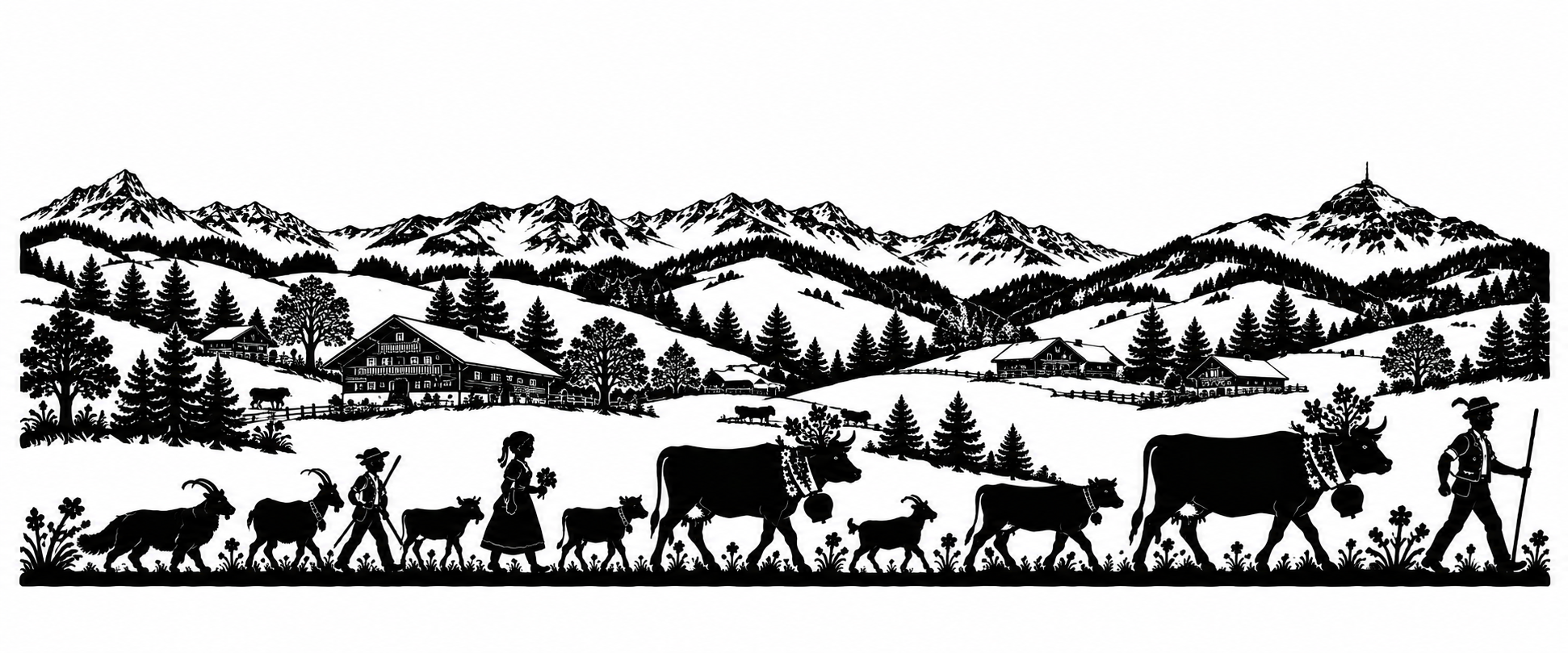 Beispiel Landschaftsbild: Alpaufzug mit Häusern und Bergen im Hintergrund