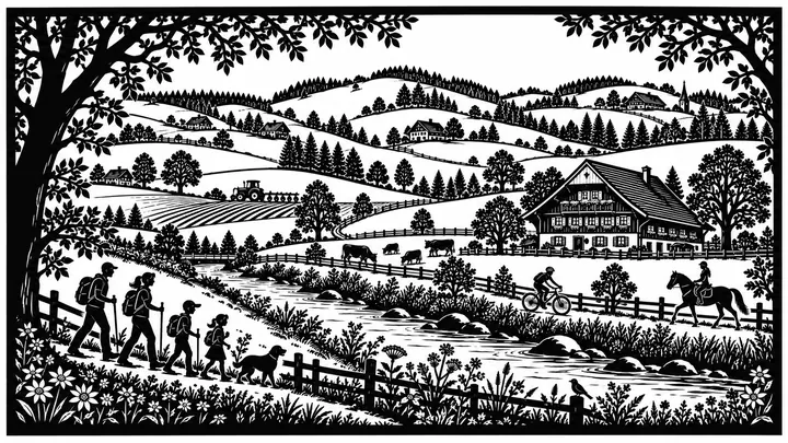Beispiel eines filigranen Schweizer Scherenschnitts mit Bauernhaus, Familie, Tieren und Emmentaler Landschaft.