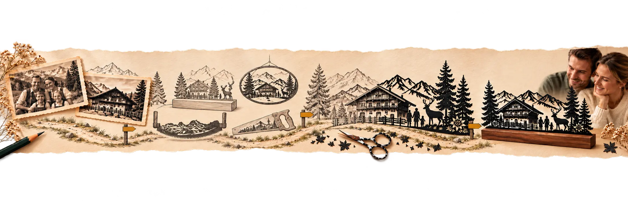 Ein Wanderweg verbindet Familienfotos, Produktskizzen, die Entwicklung eines filigranen Scherenschnitts und die Freude am fertigen Kunstwerk.